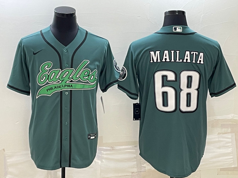 Men's Philadelphia Eagles #68 Jordan Mailata Green With Patch Cool Base Stitched Baseball Jersey